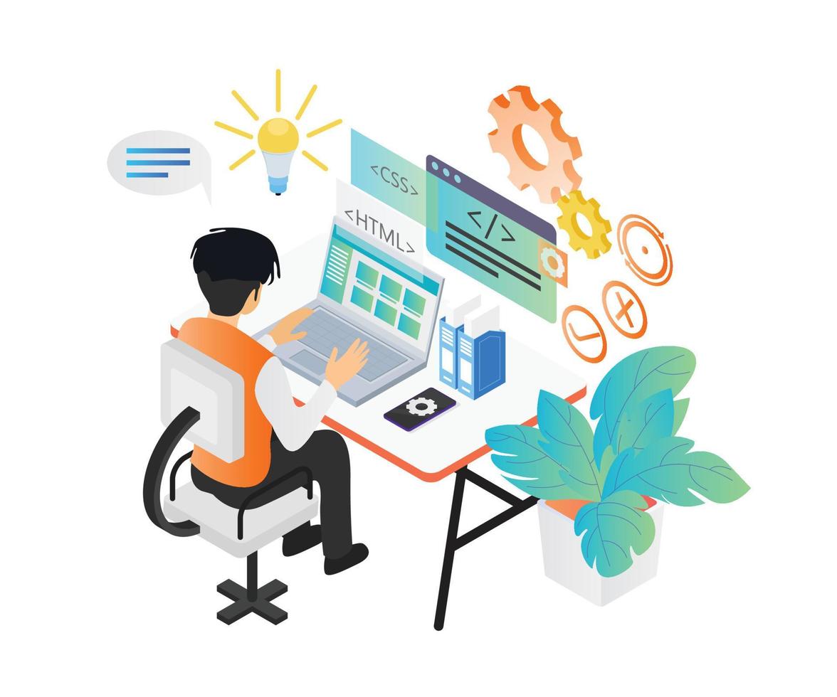 Isometric style illustration about a web programmer working with his computer vector