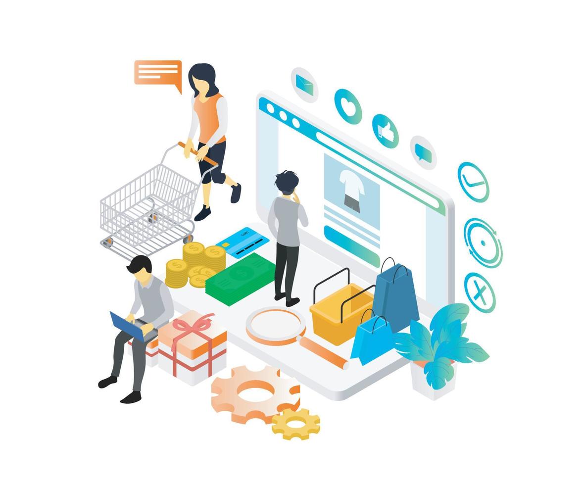 Isometric style illustration of a man shopping in an online store on his laptop vector