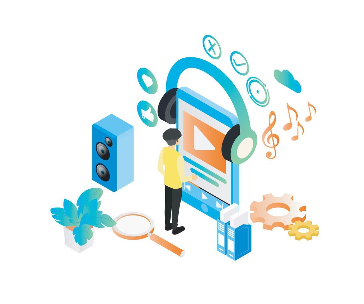 Isometric style illustration about a person listening to music or video on a smartphone vector