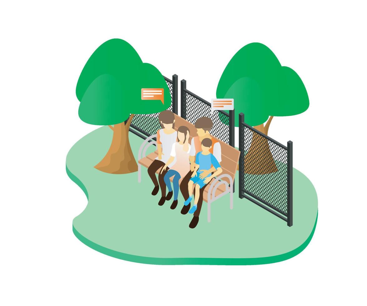 ilustración de estilo isométrico de una familia armoniosa de vacaciones en el parque con sus dos hijos vector