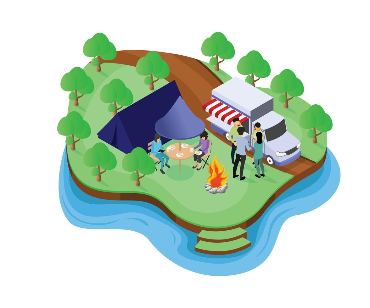 Isometric style illustration about a family choosing camping for their vacation vector