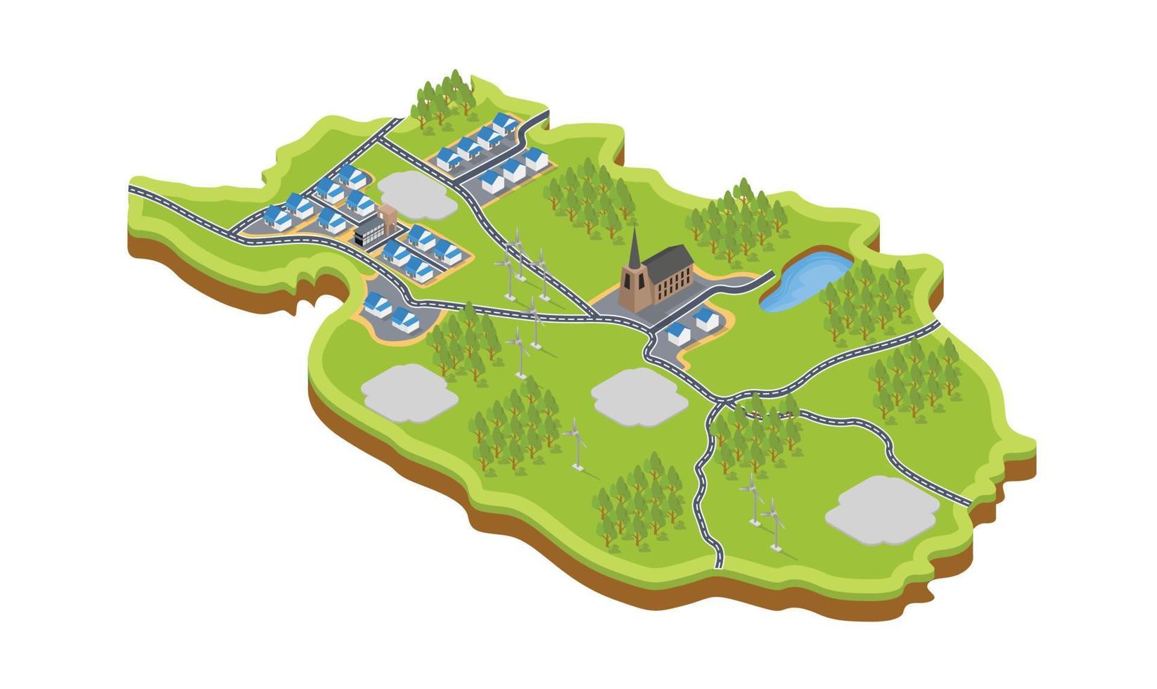 Isometric style illustration of a village map with a windmill and a church vector