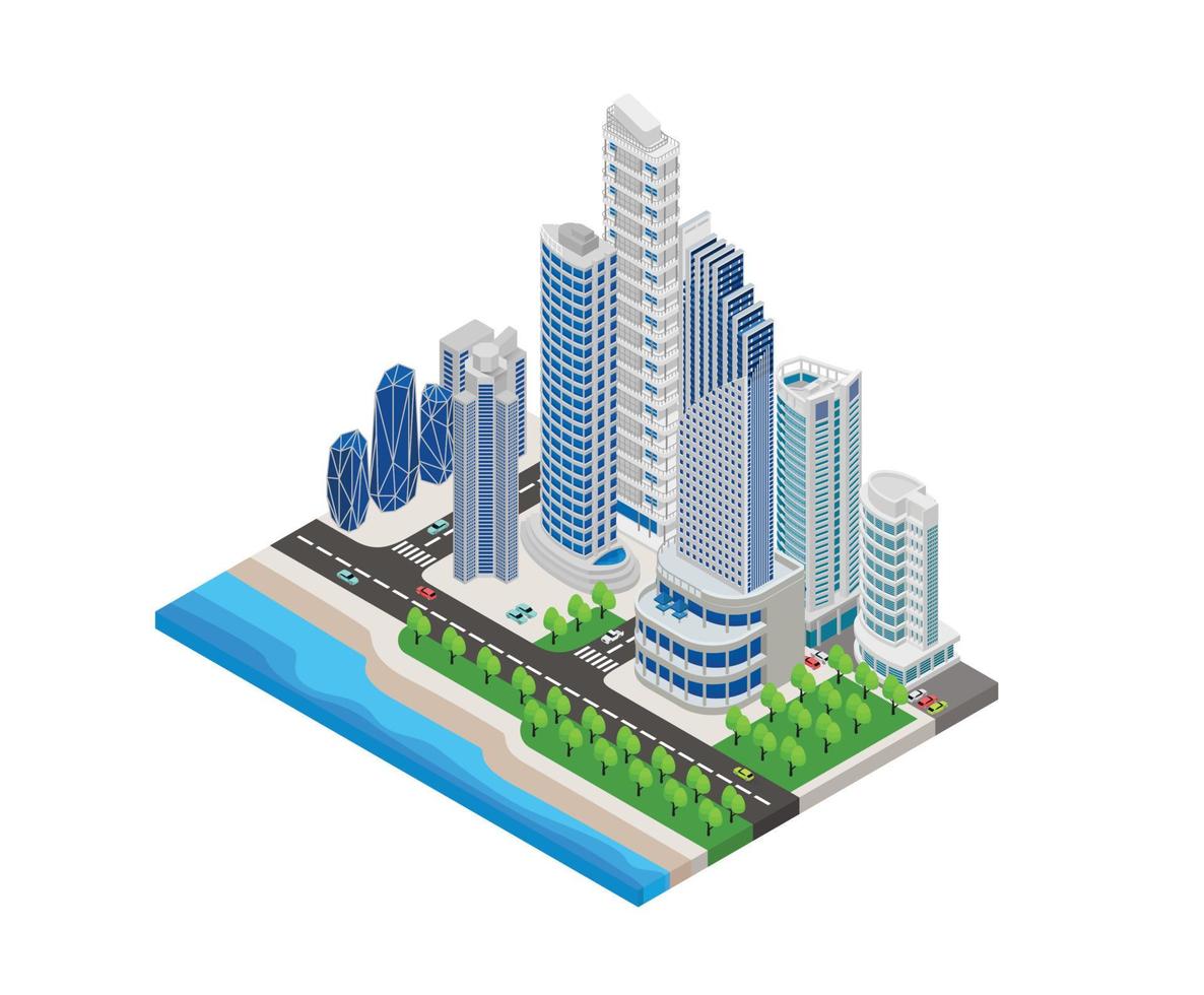 Isometric style illustration of big city map with beach and highway vector