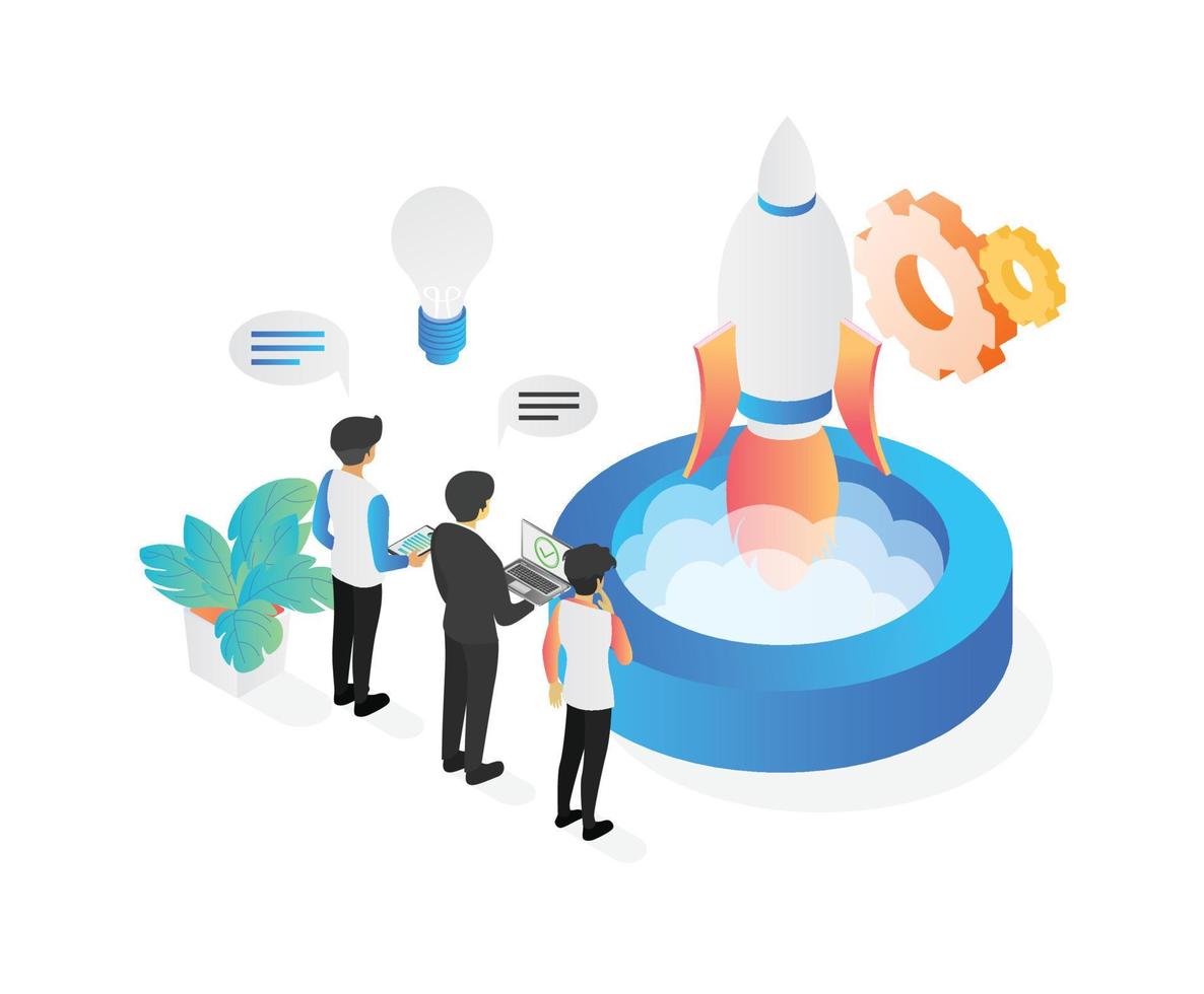 Isometric style illustration about business app startup with rocket launch vector