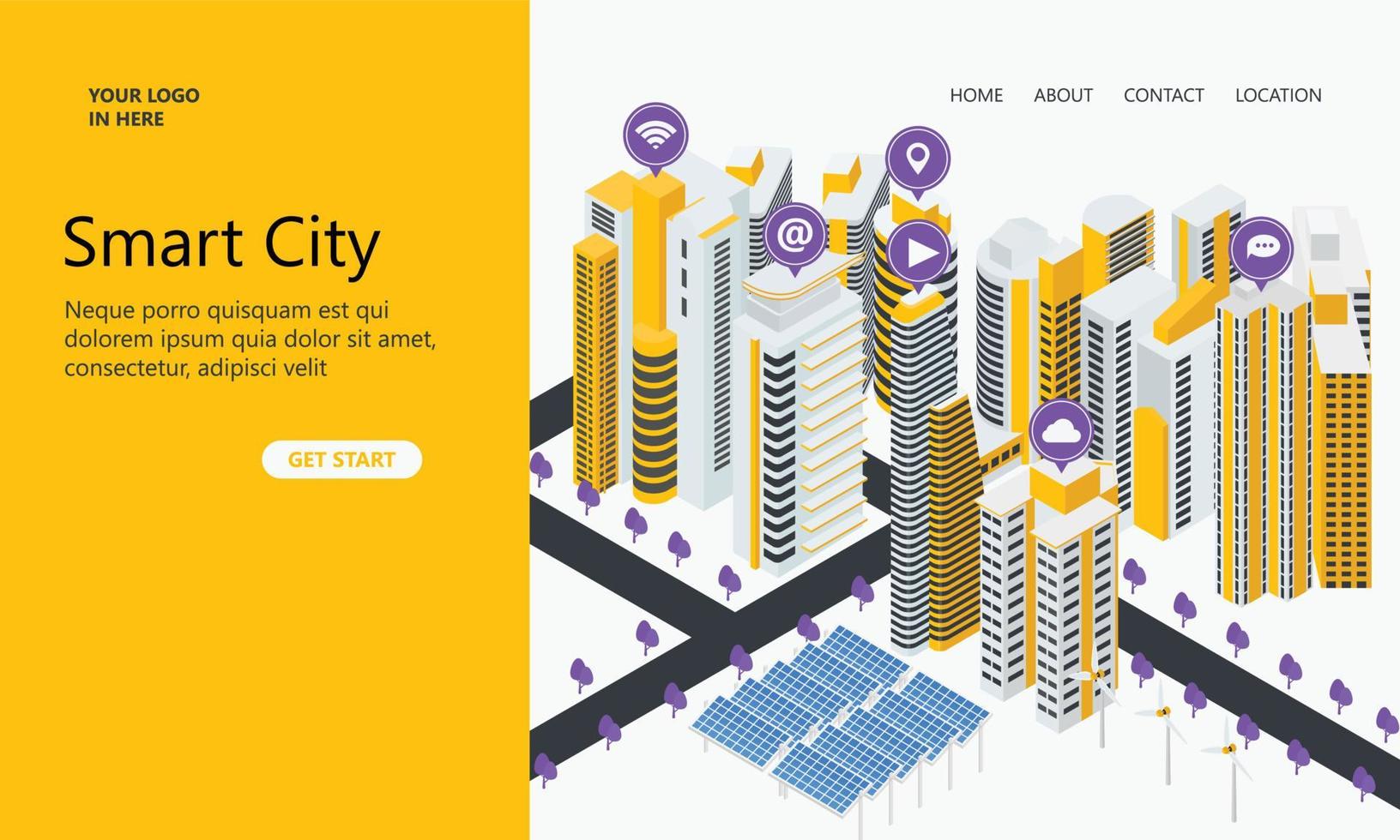 Landing page with smart city illustration icons vector