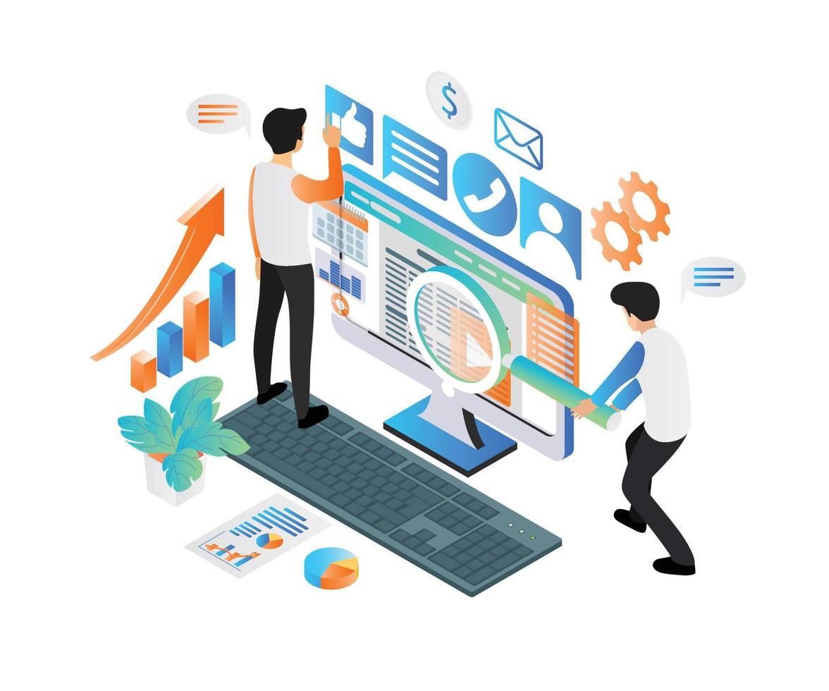 Isometric style illustration of SEO data analysis team vector