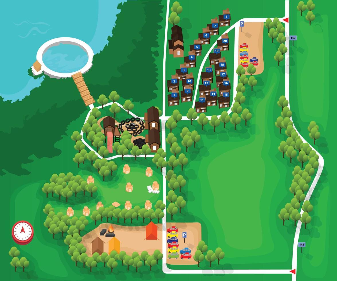 Isometric style illustration of campsite and lodging map vector