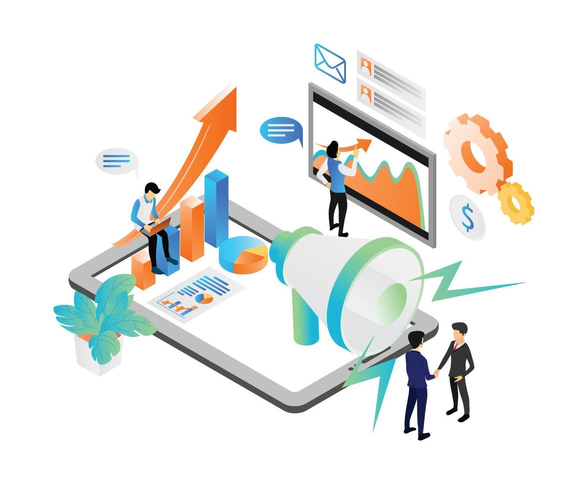 Isometric style illustration of digital marketing analysis team vector
