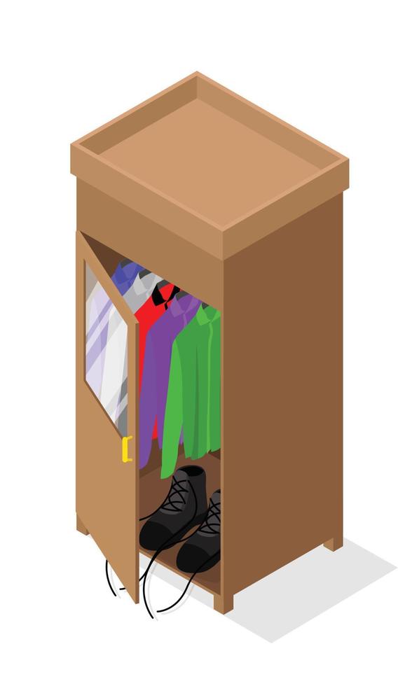 Isometric style illustration of a wardrobe containing clothes and shoes vector