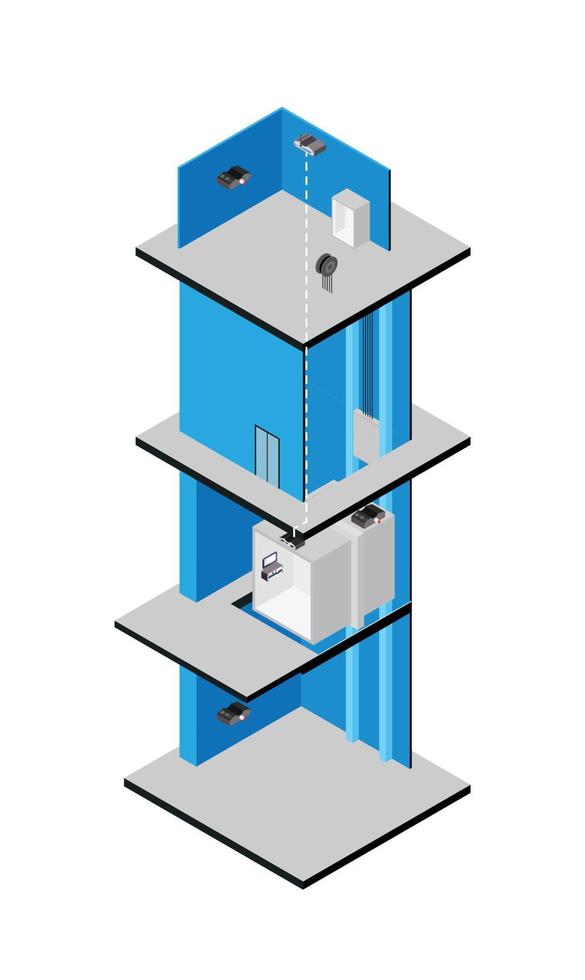 Isometric style illustration of elevator technology in a building vector