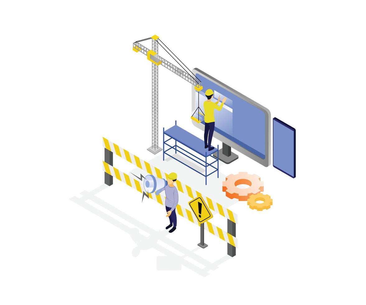 Isometric style illustration of the page under construction vector