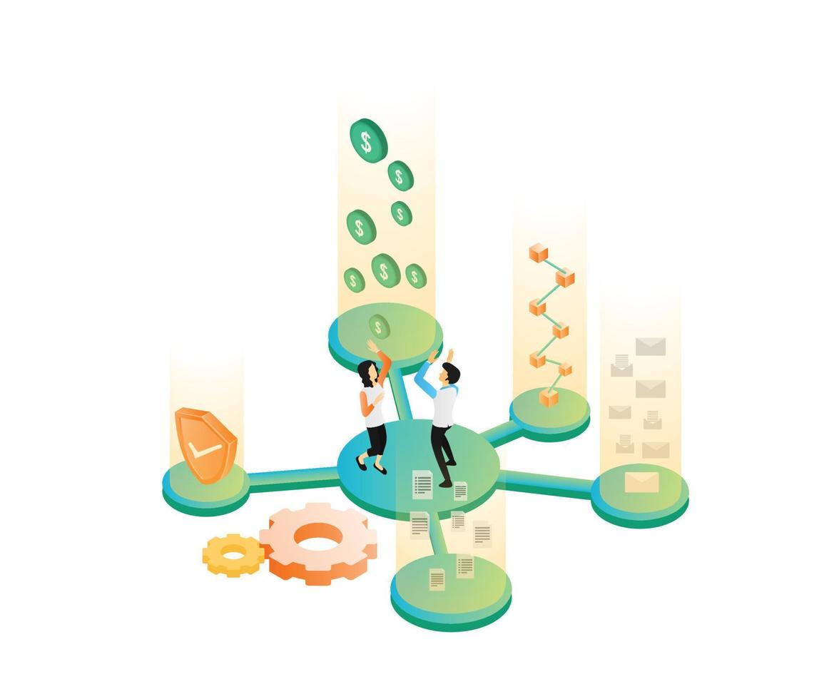Isometric style illustration of successful starting a business and making money vector