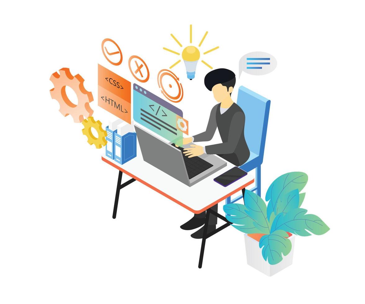 Isometric style illustration about a web programmer working with his computer vector