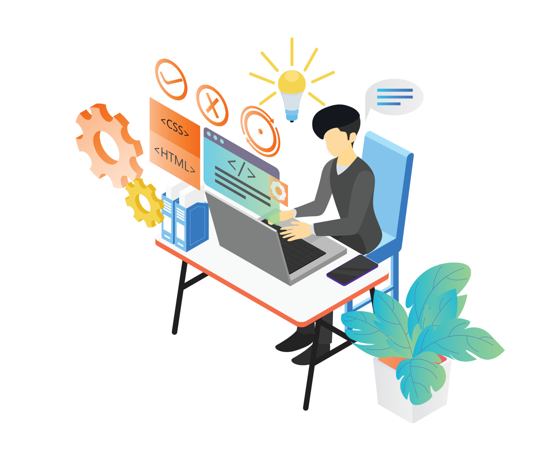 Isometric style illustration about a web programmer working with his ...