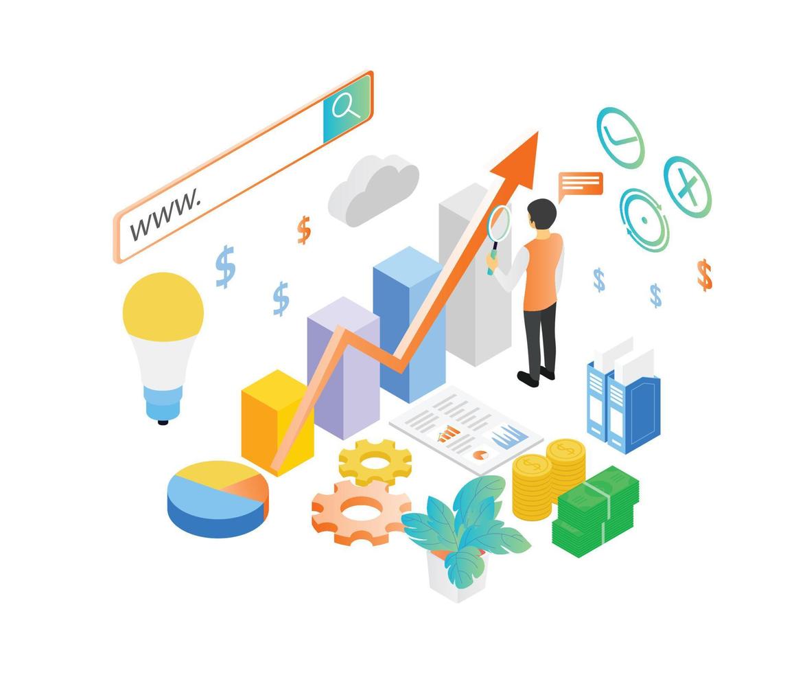 Isometric style illustration of seo data analysis vector