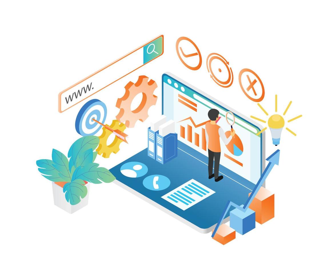 Isometric style illustration of seo data analysis vector