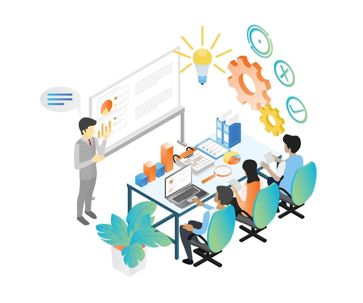 Isometric style illustration about a business team having a business growth meeting and discussion vector