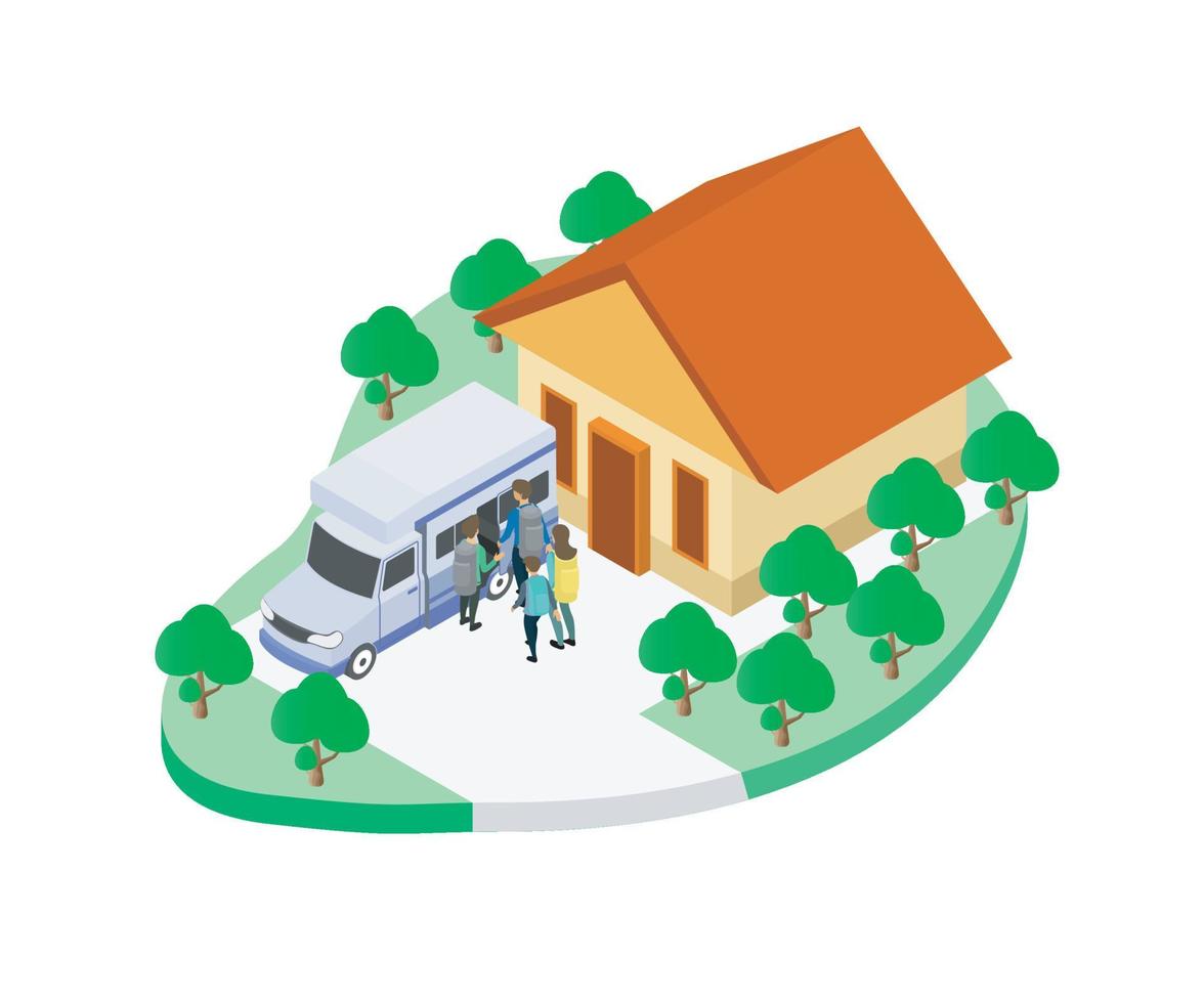 Isometric style illustration about a family going on vacation with a van vector