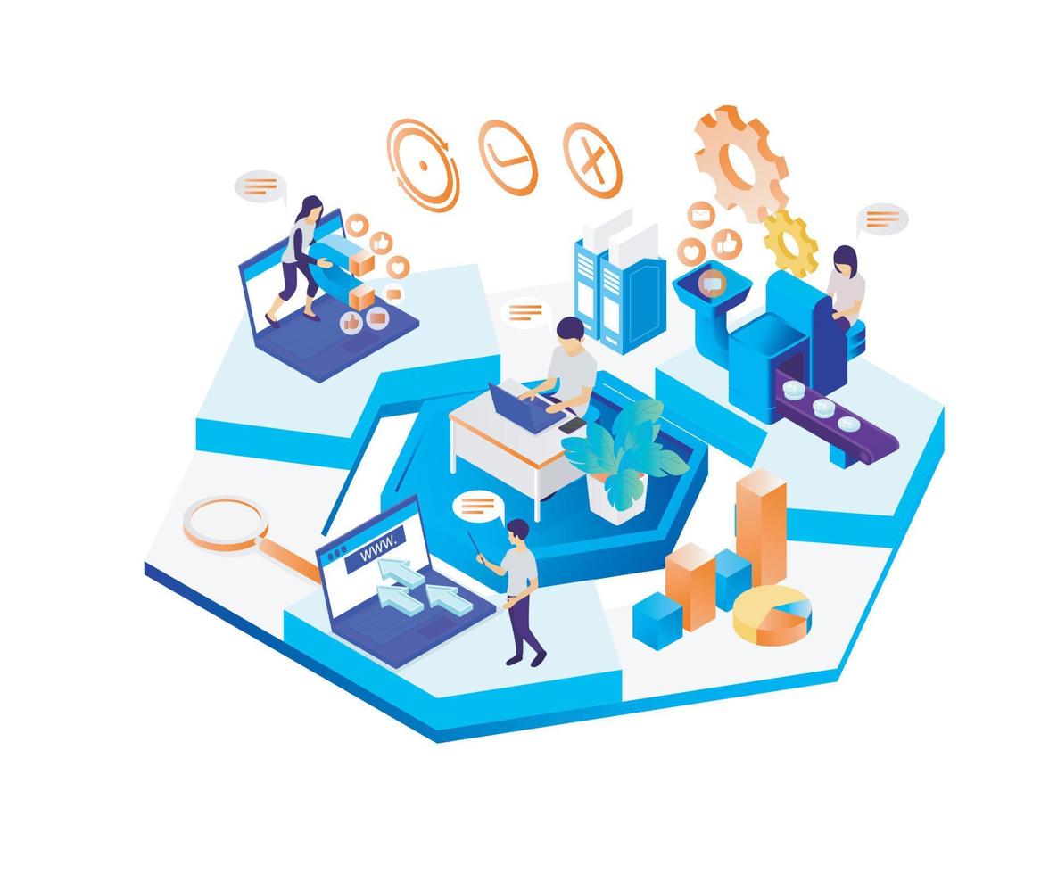 Isometric style illustration about a team of marketing workers completing their respective jobs vector