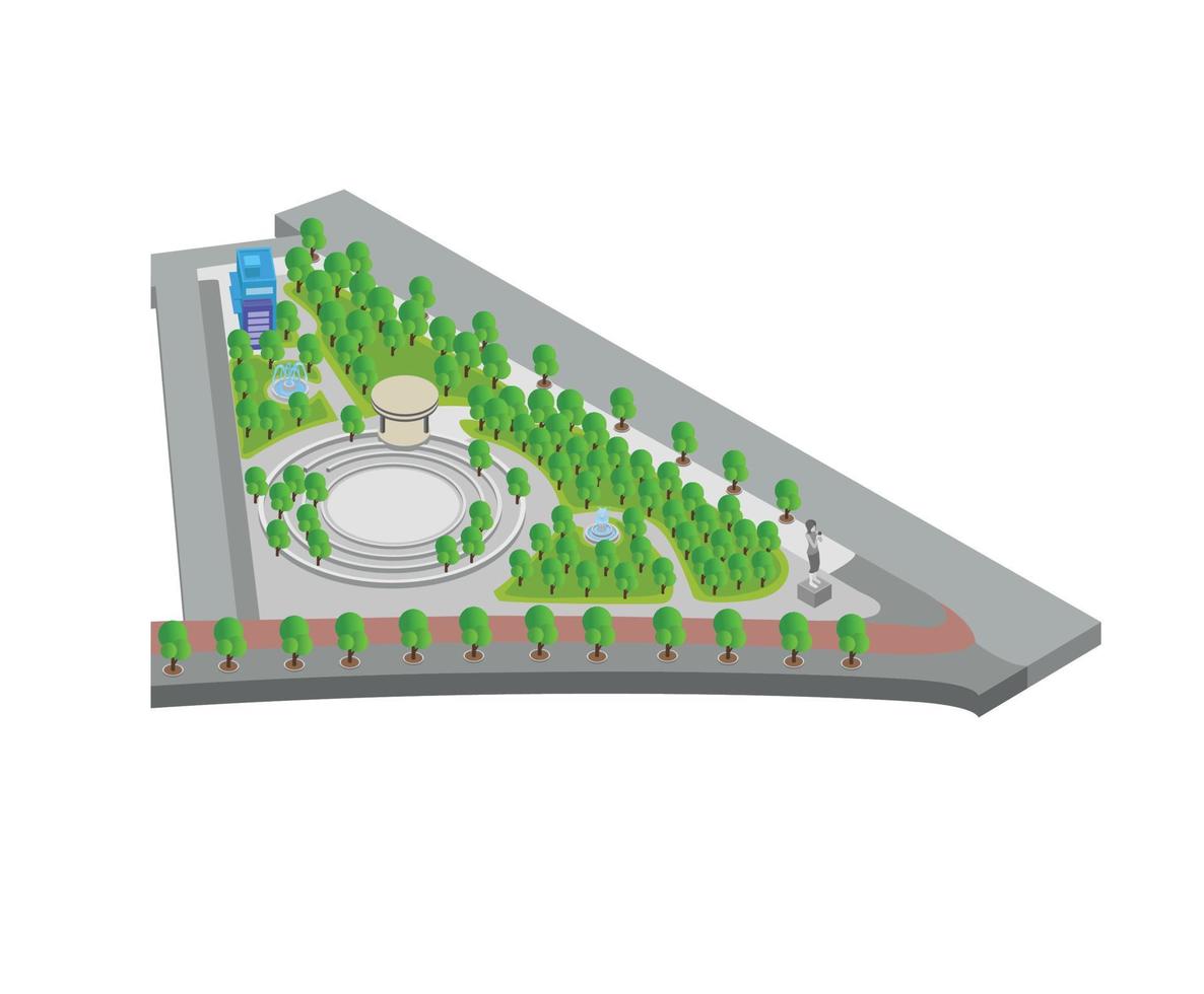 Isometric style illustration about a garden map with a fountain and a statue of a woman vector