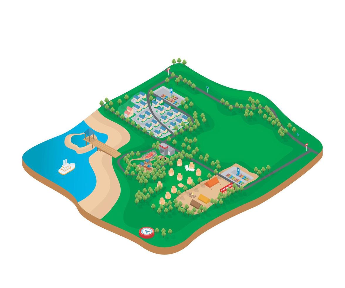 Isometric style illustration of campsite and lodging map vector