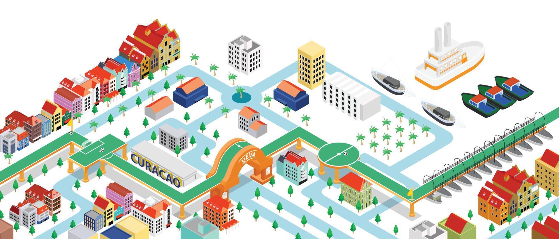 ilustración de estilo isométrico del mapa de curacao con edificios y puntos de referencia vector