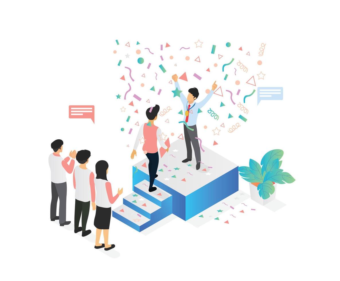 Isometric style illustration about successful business with someone on the podium vector