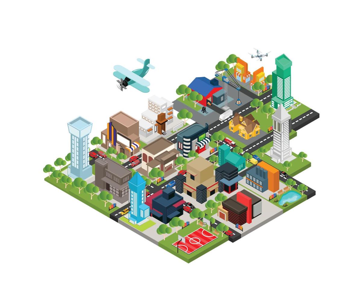 Isometric style illustration of city map with city park and warehouse or offices vector