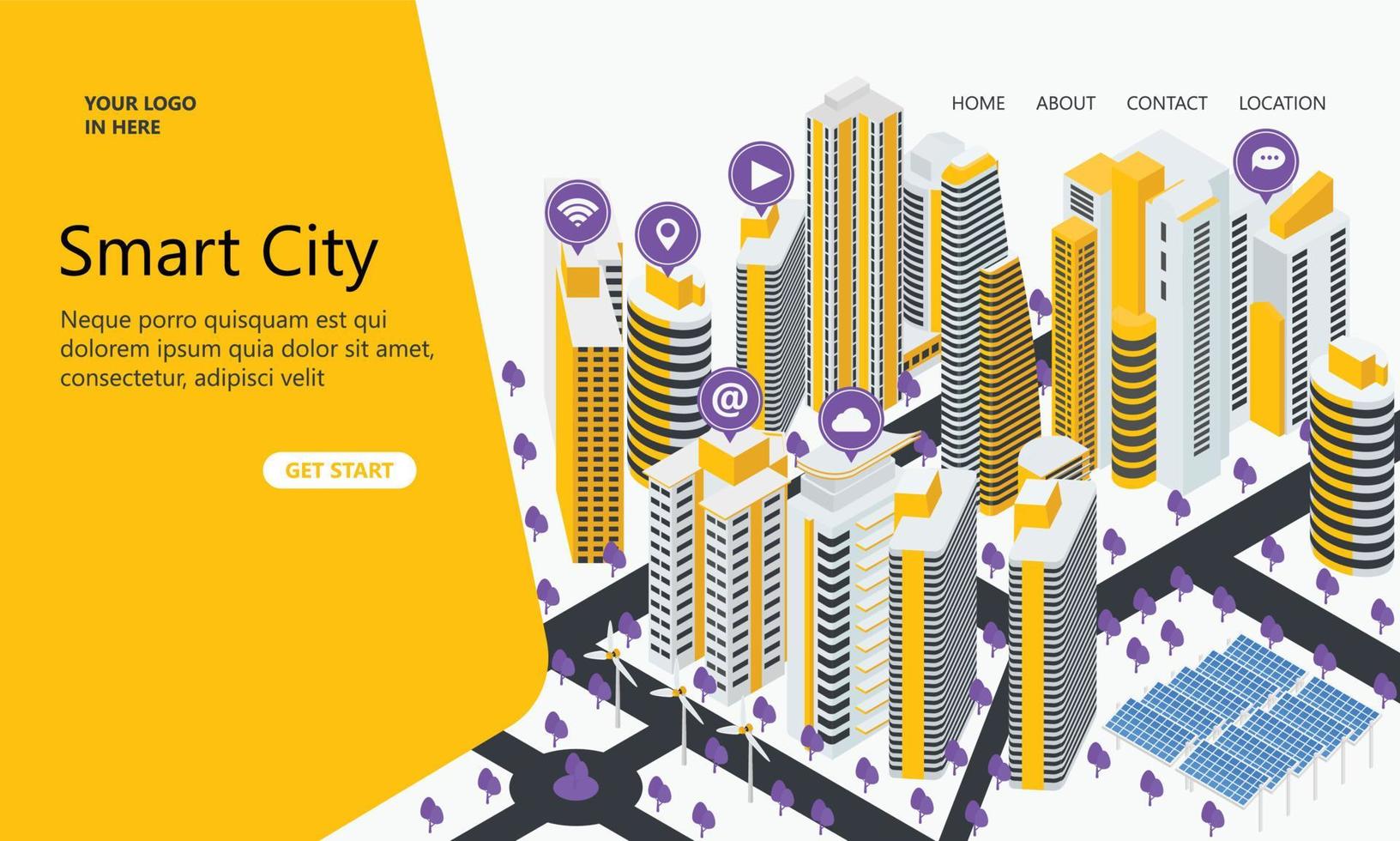 Landing page with smart city illustration icons vector