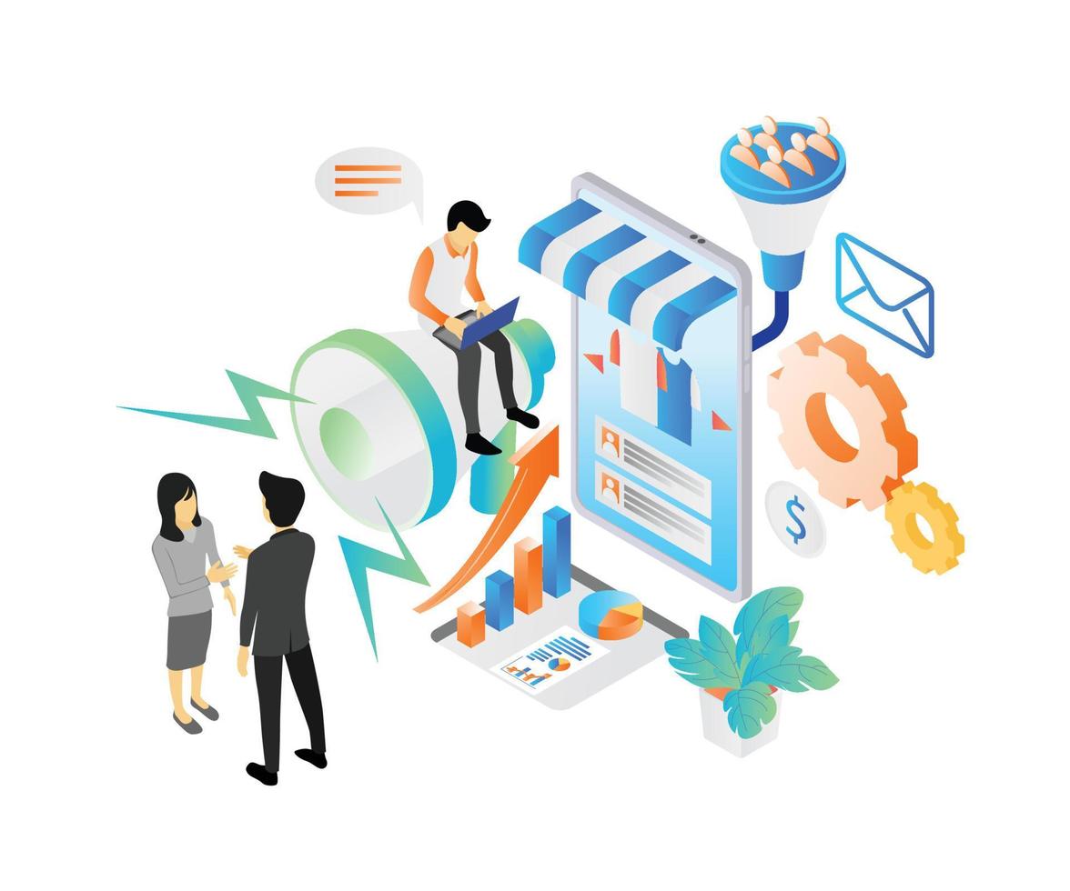 Isometric style illustration of digital marketing analysis team vector