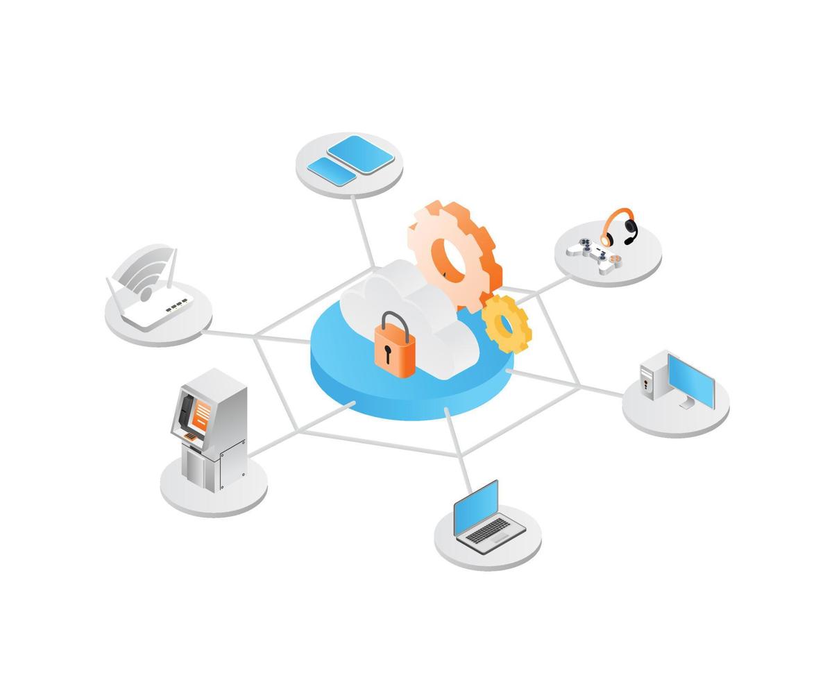 ilustración de estilo isométrico de seguridad de almacenamiento de datos en la nube vector