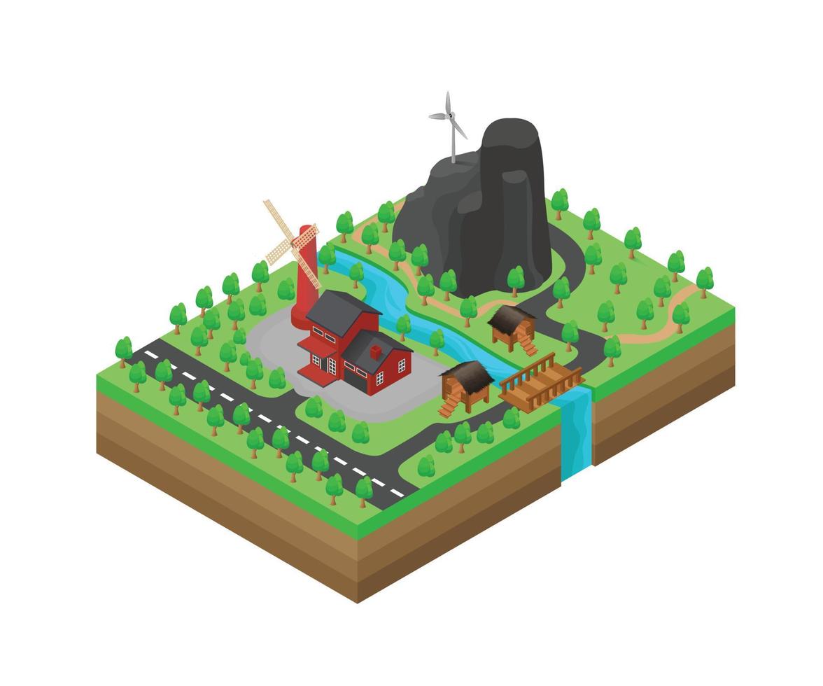 Isometric style illustration of rural map with house building and windmill vector