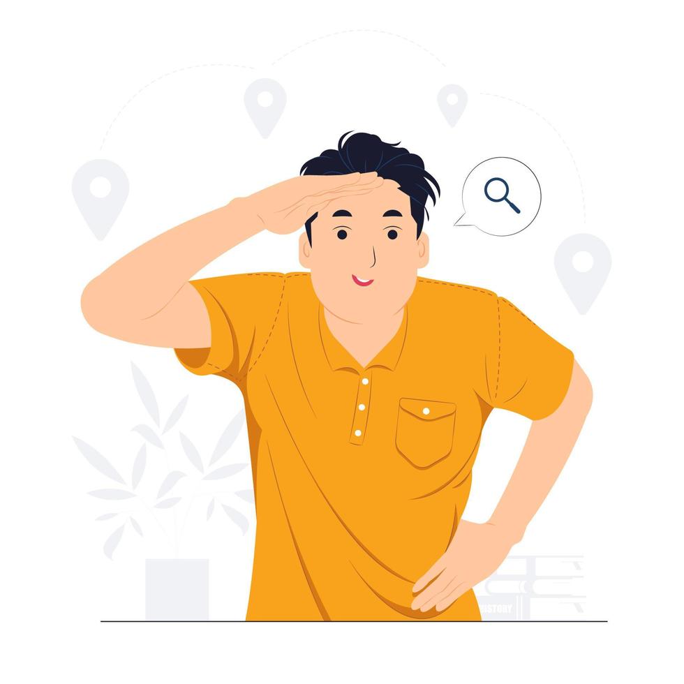 Curious man looking far away with hand over head, trying to see something, bad vision, searching, holding palm on forehead and gasping. surprised, and amazed concept illustration vector