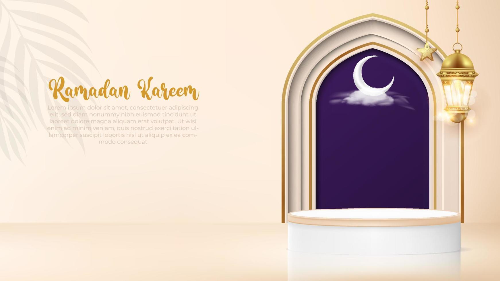 realistic ramadan kareem background with golden lamp and podium vector