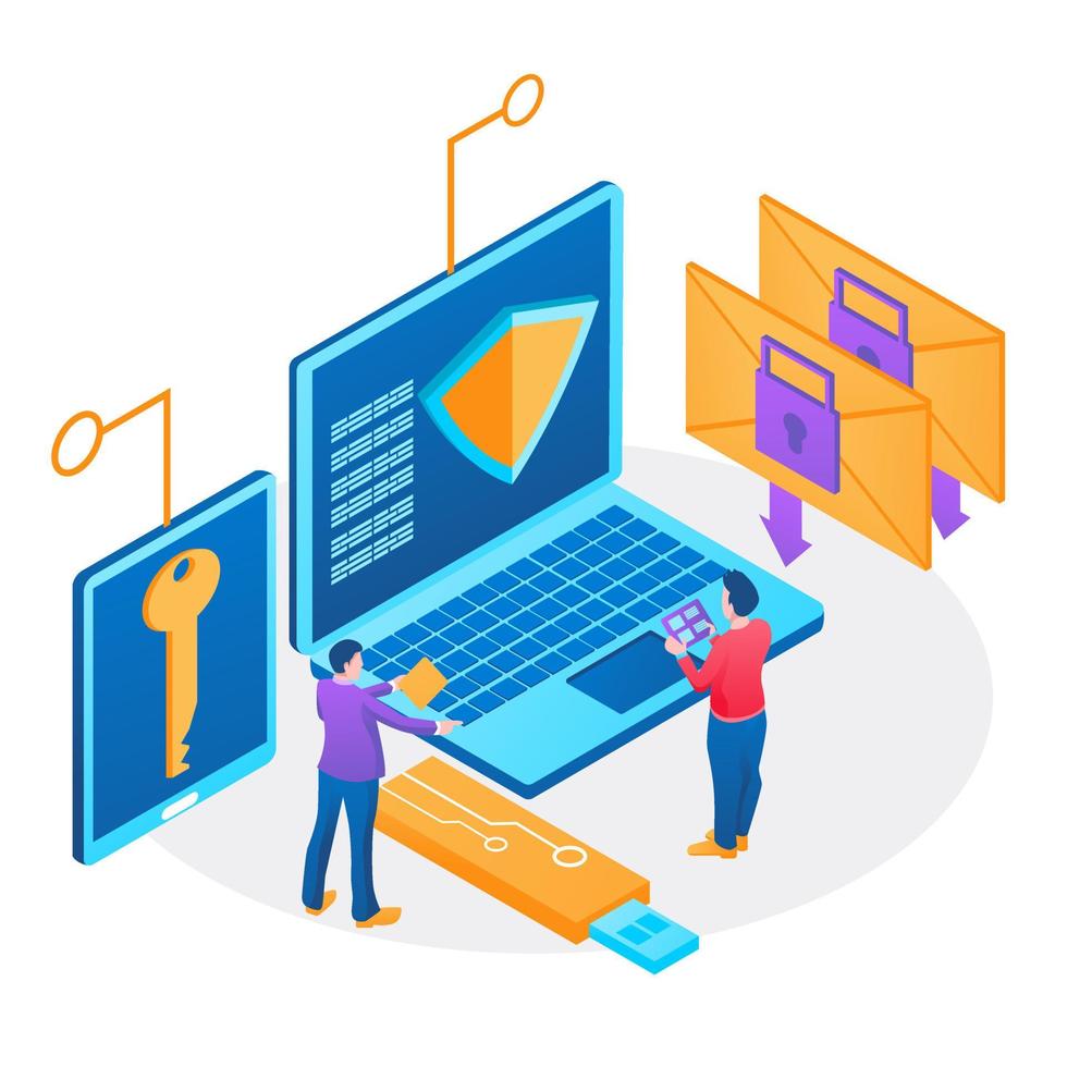 Infographic, banner with hero protect data and confidentiality. Safety and confidential data protection. Flat isometric vector illustration