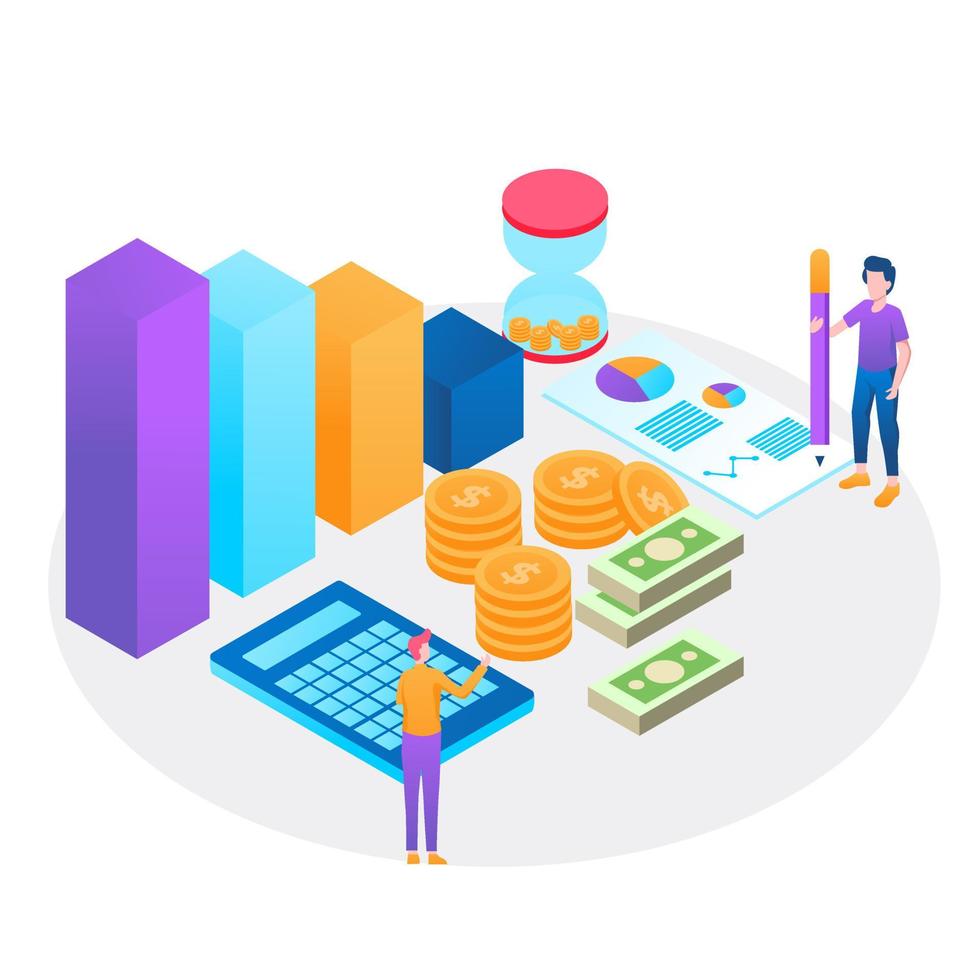 estrategia de economía de desarrollo bancario. soluciones comerciales para inversiones, concepto de análisis. análisis de ventas, datos de crecimiento estadístico, infografía contable. ilustración isométrica plana de depósitos económicos vector