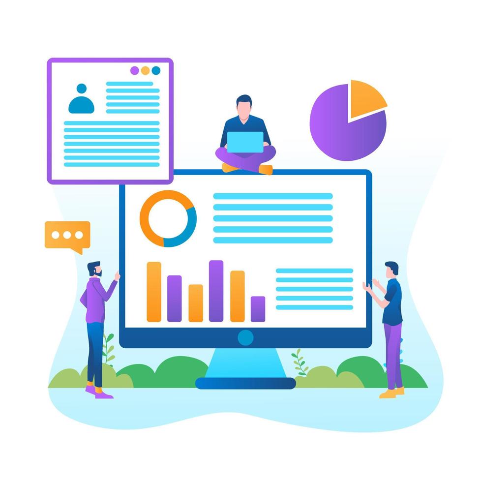 Data analysis concept with characters. Engine strategy, analyzing, infographic of workplace for developers, workspace for creative optimization. Template for web banner, flat isometric illustration vector
