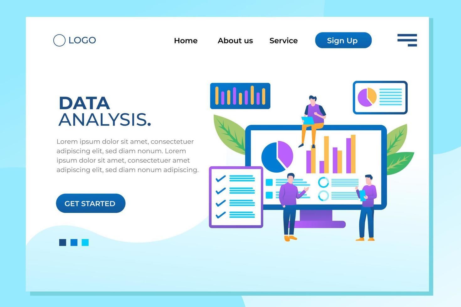 Data analysis concept with characters. Engine strategy, analyzing, infographic of workplace for developers, workspace for creative optimization. Template for web banner, flat isometric illustration vector