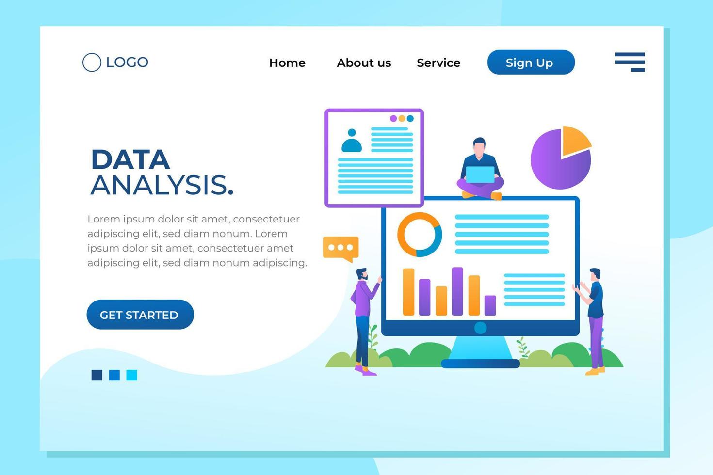 Data analysis concept with characters. Engine strategy, analyzing, infographic of workplace for developers, workspace for creative optimization. Template for web banner, flat isometric illustration vector