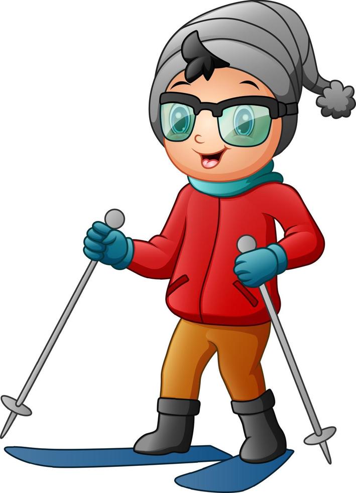 Cute little boy skiing in winter clothes vector