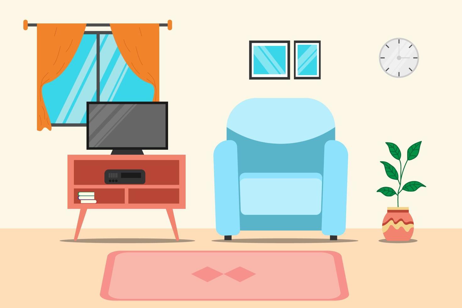 Modern home interiors. Living room interiors. Comfortable sofa, TV, window, chairs and house plants. Vector data illustration. interior aesthetics.