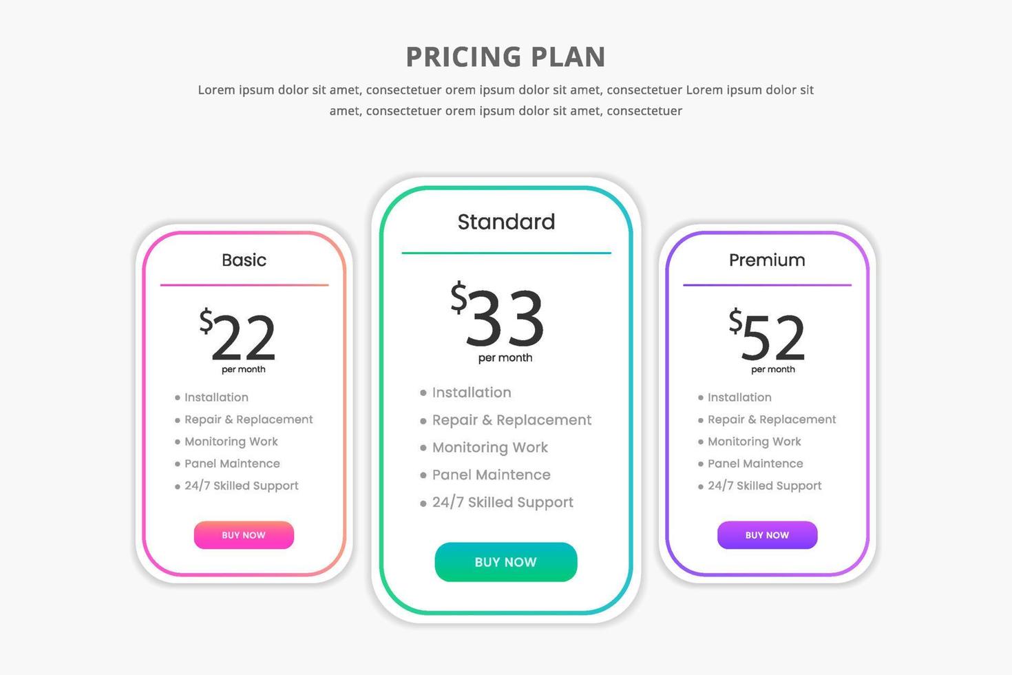 concepto de tabla de precios en diseño vectorial realista. plan o precio de suscripción del elemento web ui. plantilla de interfaz de marketing o promoción del sitio web. tabla comparativa de productos. presentación de plantilla. diseño web vector