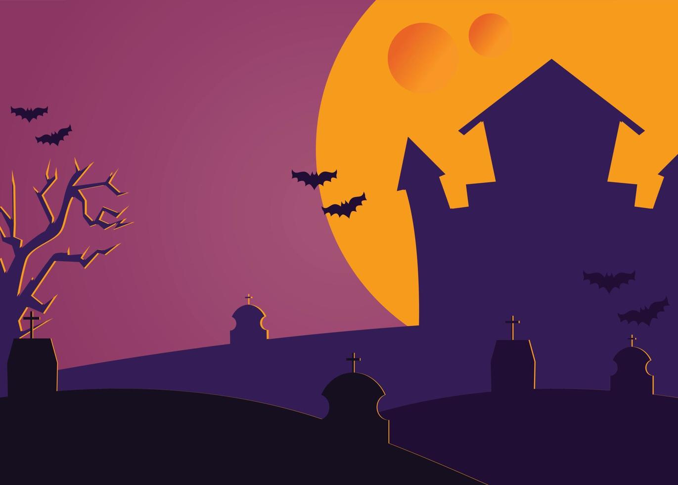 Happy Halloween banner or evening party invitation background Vector illustration. Full moon in the sky, and silhouette of witch's house. with copy space