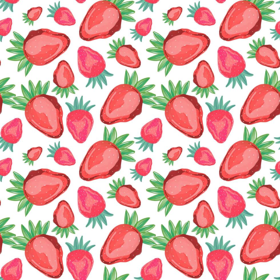 patrón de vector transparente de fresa dibujada a mano. fresas rosadas y hojas verdes sobre fondo blanco. ilustración vectorial
