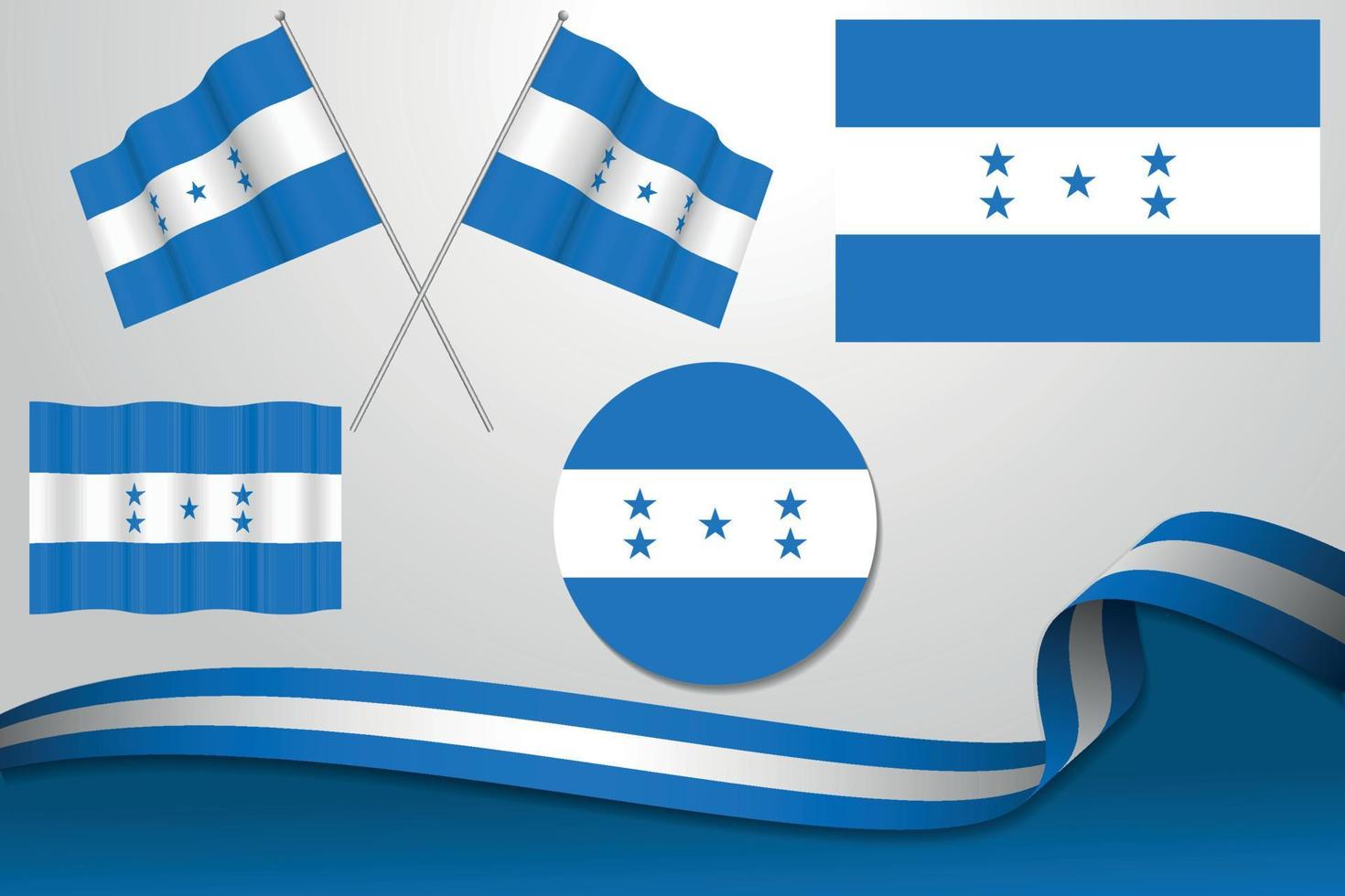 conjunto de banderas de honduras en diferentes diseños, icono, banderas desolladas con cinta con fondo. vector