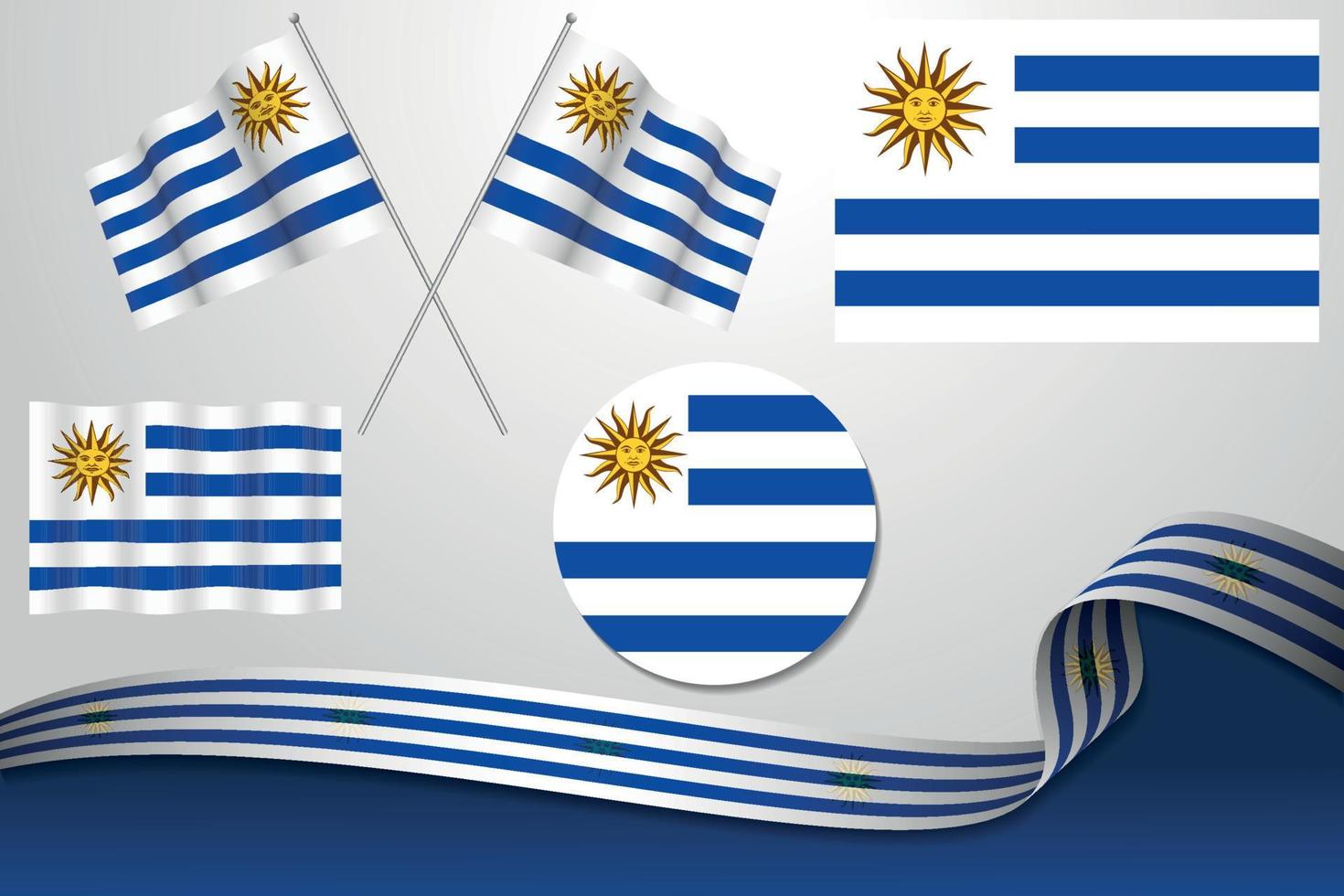 Set Of Uruguay Flags In Different Designs, Icon, Flaying Flags With ribbon With Background. vector