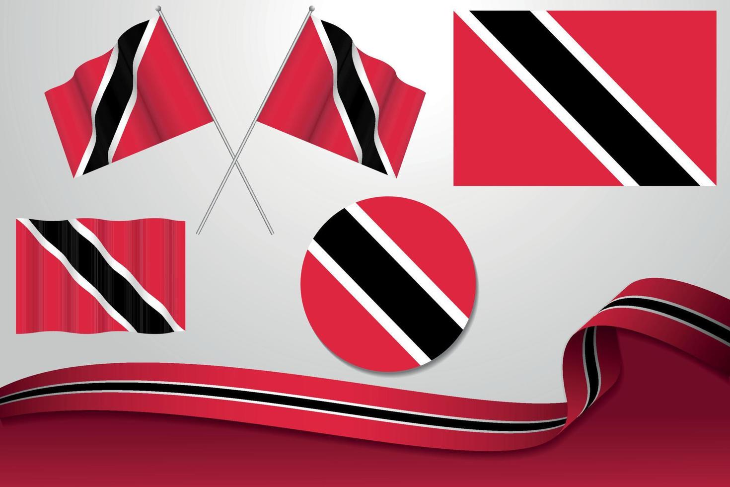 conjunto de banderas de trinidad y tobago en diferentes diseños, icono, banderas desolladas con cinta con fondo. vector