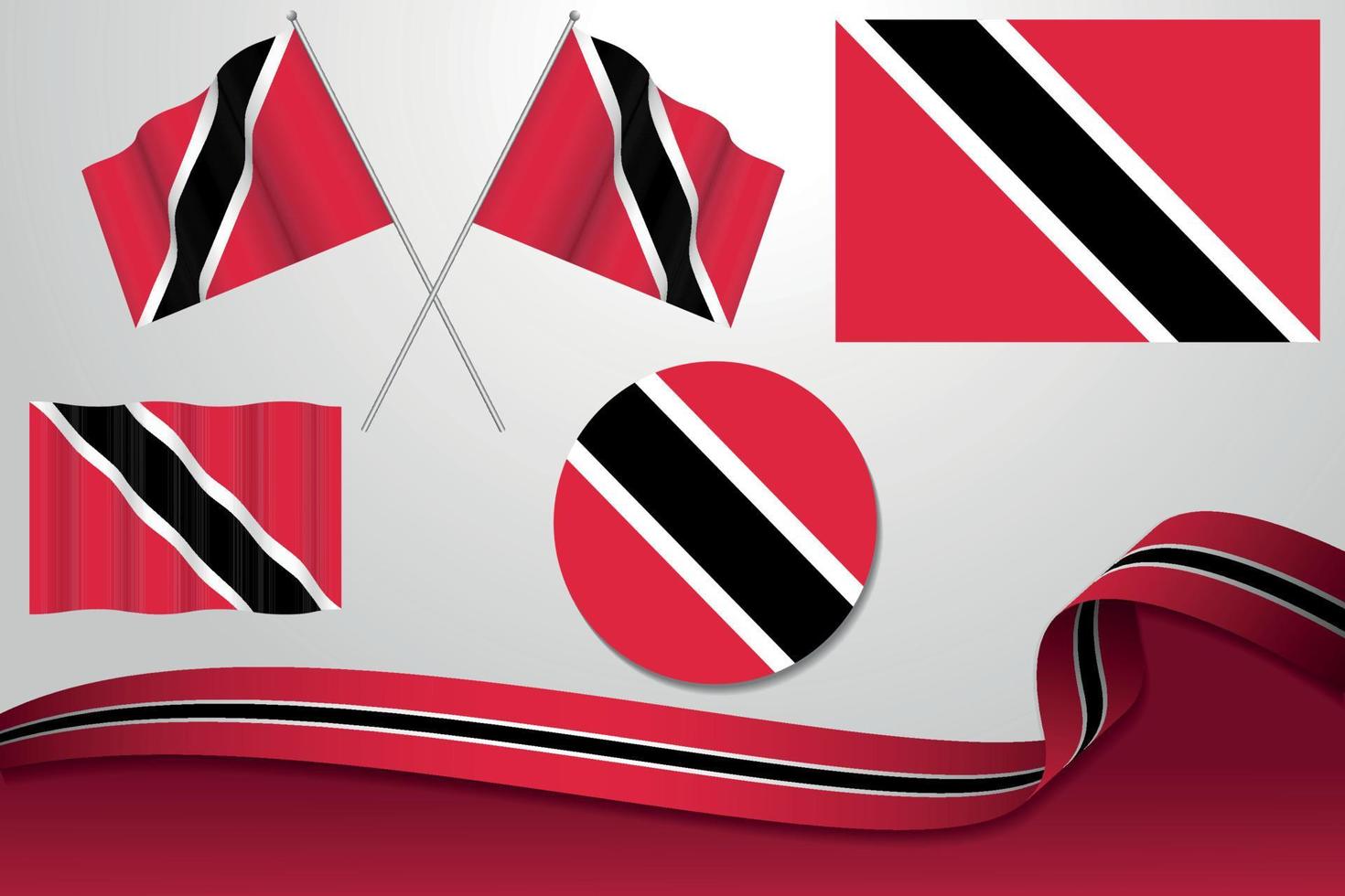 Set Of Trinidad and Tobago Flags In Different Designs, Icon, Flaying Flags With ribbon With Background. vector