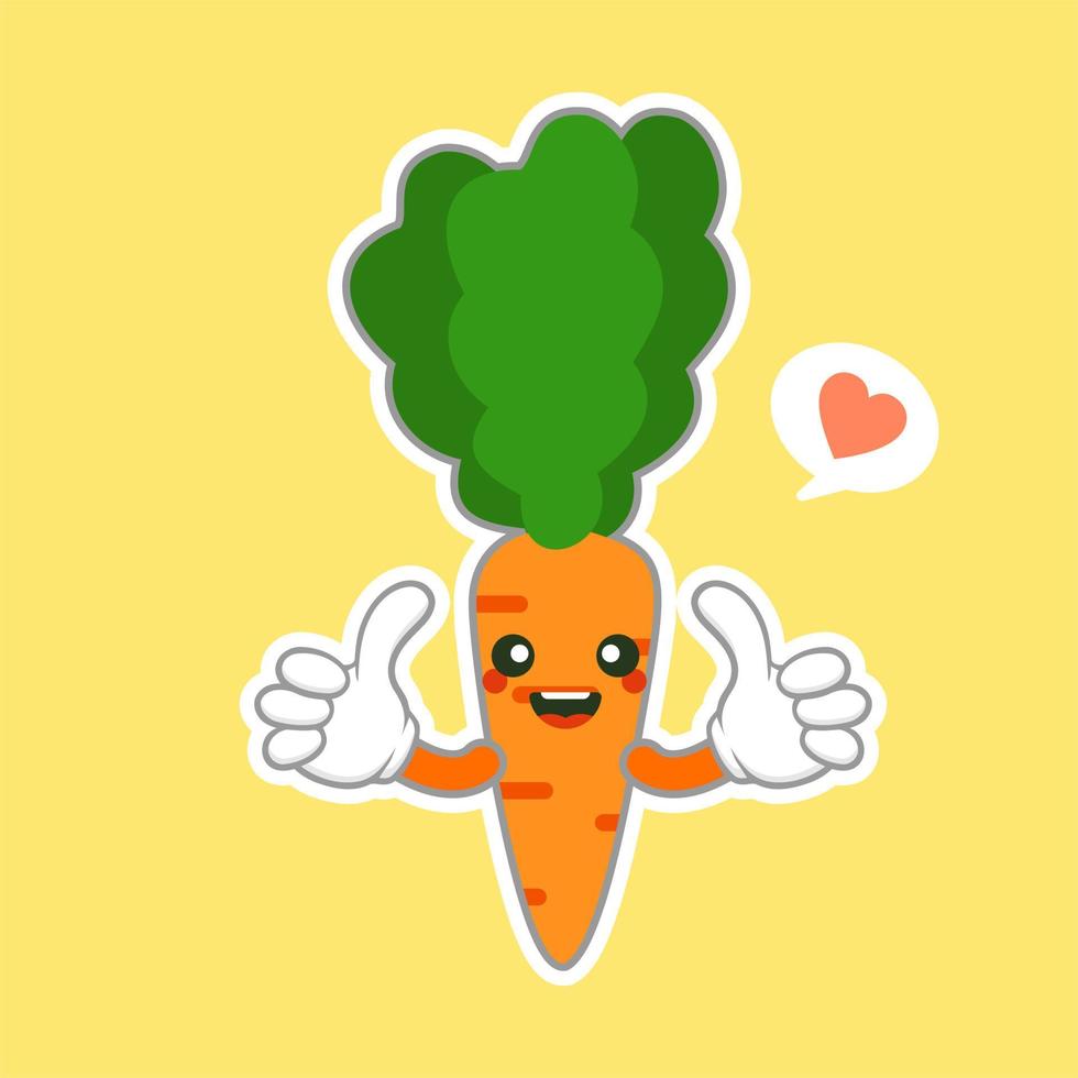 Kawaii and Cute carrot emoji character isolated on color background. Kawaii style fresh funny orange carrot and speach bubble slogan. Flat design cartoon food emoticon. Sweet stylish character sticker vector