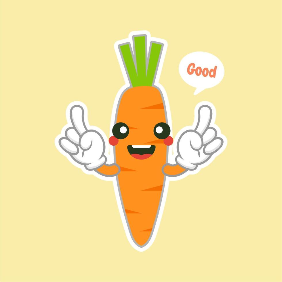 personaje de zanahoria lindo y kawaii. pegatina de globo verdura fresca. ilustración vectorial personaje nerd inteligente de zanahoria sobre un fondo azul. concepto de comida saludable. cartel de dieta vegana inteligente vector